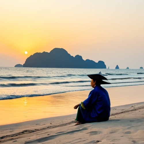 Home 22 A solitary individual in modest, comfortable travel attire sits calmly on a clean, secluded beach in Central Vietnam, gazing towards the horizon during the 'before sunset' golden hour. The sky transitions subtly from clear blue to soft amber and gentle pink hues, reflecting on the calm, rippling ocean surface. Distant, traditional Vietnamese fishing boats are barely visible on the calm water. The scene is imbued with a sense of peace and quiet contemplation. Natural pose, perfect anatomy, correct proportions, well-formed hands, proper finger count. Professional photography, high quality, safe for work, appropriate content, fully clothed, family-friendly.
