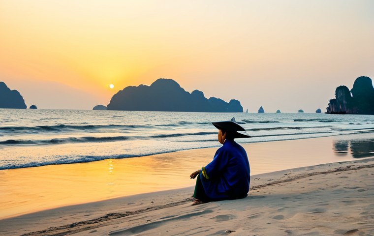 A solitary individual in modest, comfortable travel attire sits calmly on a clean, secluded beach in Central Vietnam, gazing towards the horizon during the 'before sunset' golden hour. The sky transitions subtly from clear blue to soft amber and gentle pink hues, reflecting on the calm, rippling ocean surface. Distant, traditional Vietnamese fishing boats are barely visible on the calm water. The scene is imbued with a sense of peace and quiet contemplation. Natural pose, perfect anatomy, correct proportions, well-formed hands, proper finger count. Professional photography, high quality, safe for work, appropriate content, fully clothed, family-friendly.