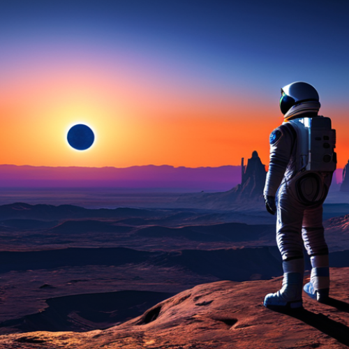 Home 21 Alien Sunset Vista**
A breathtaking view from an alien planet's "Sunset Point". Imagine towering rock formations silhouetted against a multi-hued sunset. The sky blazes with colors unseen on Earth - perhaps shades of deep violet, electric blue, and fiery orange. In the distance, two moons hang low on the horizon, casting long, dramatic shadows. Fully clothed astronaut figure in the foreground adds a sense of scale. Safe for work. Appropriate content. Perfect anatomy. Natural proportions. Professional. Modest. High quality render.
**