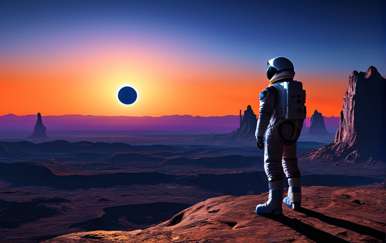 Alien Sunset Vista**

A breathtaking view from an alien planet's "Sunset Point". Imagine towering rock formations silhouetted against a multi-hued sunset. The sky blazes with colors unseen on Earth - perhaps shades of deep violet, electric blue, and fiery orange. In the distance, two moons hang low on the horizon, casting long, dramatic shadows. Fully clothed astronaut figure in the foreground adds a sense of scale. Safe for work. Appropriate content. Perfect anatomy. Natural proportions. Professional. Modest. High quality render.

**