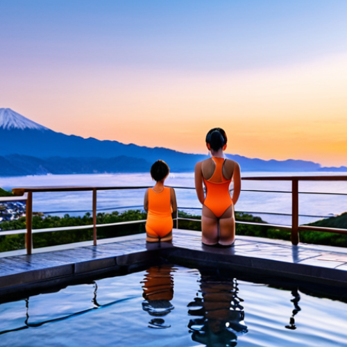 Home 20 **
"A panoramic view of Sunset Point Onsen at dusk, overlooking the ocean and mountains, safe for work, appropriate content. A fully clothed family is enjoying the onsen, wearing modest swimsuits. The sky is a vibrant orange and pink. Professional photography, natural lighting, perfect anatomy, correct proportions, well-formed hands, natural body proportions, high quality."
**