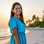 **

A professional travel blogger, fully clothed in modest, light summer attire, stands on a white sand beach at Sunset Point. Palm trees sway in the background as she smiles towards the camera. The scene captures the beauty of the coastline with crystal clear water. Safe for work, appropriate content, family-friendly, perfect anatomy, natural proportions, professional photography.

**
