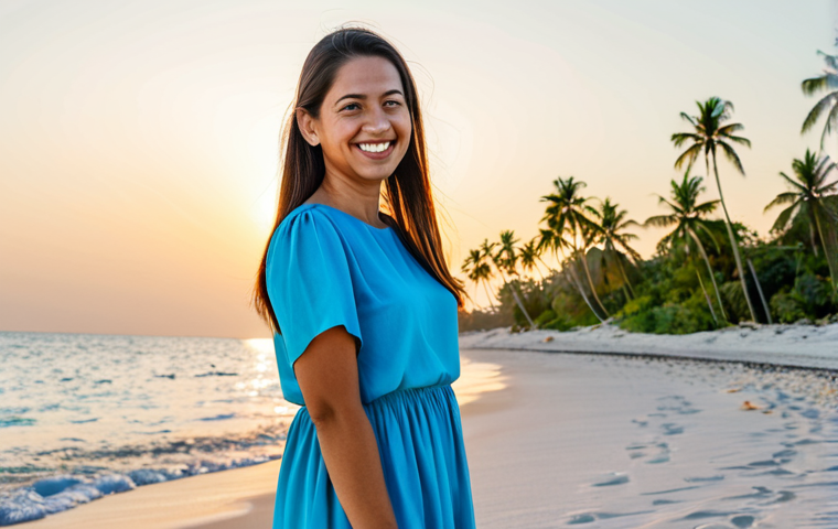**

A professional travel blogger, fully clothed in modest, light summer attire, stands on a white sand beach at Sunset Point. Palm trees sway in the background as she smiles towards the camera. The scene captures the beauty of the coastline with crystal clear water. Safe for work, appropriate content, family-friendly, perfect anatomy, natural proportions, professional photography.

**